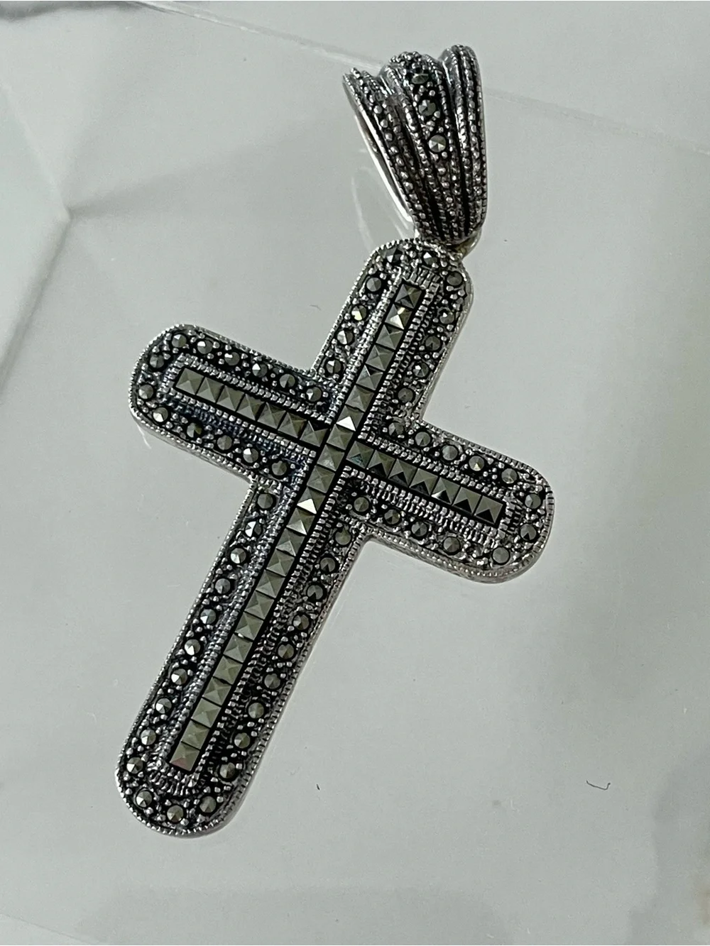 Large Vintage 925 Sterling Silver Marcasite Stone Cross Pendant